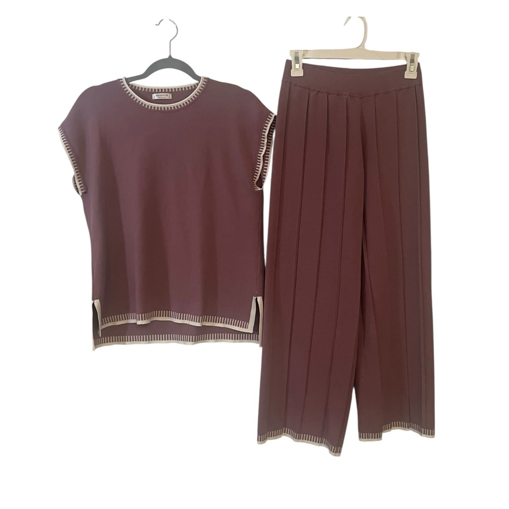 Ekouaer Mauve Knit Two Piece Lounge Set Top and Pants Size Small